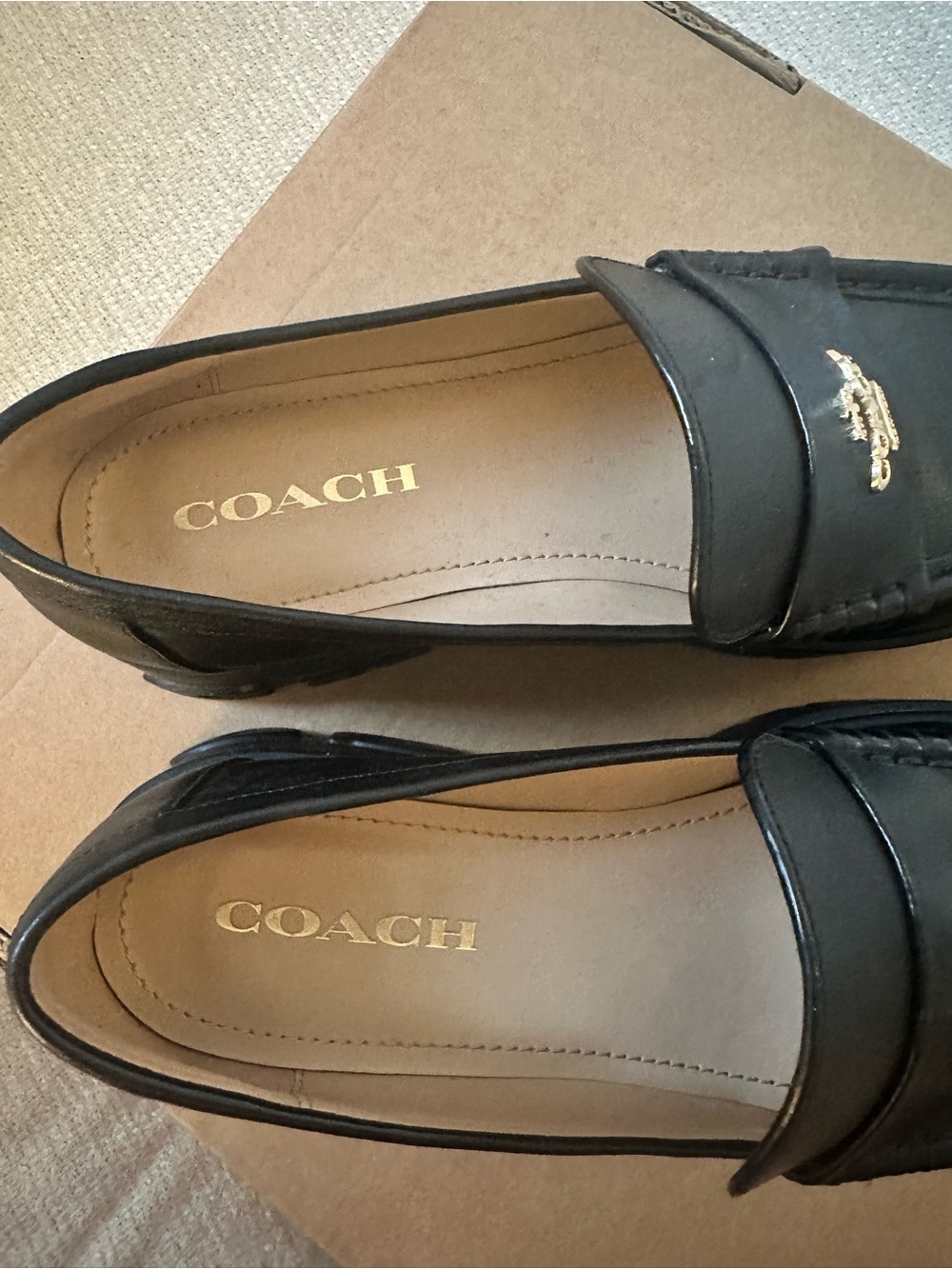 Coach Black Leather Penny Loafers with Gold Logo - Picture 4 of 9